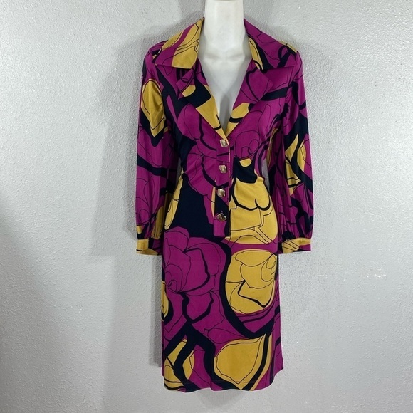 Anthropologie Yoana Baraschi Magenta Pink Yellow Black Floral Silk Shirt Dress M - Picture 5 of 14